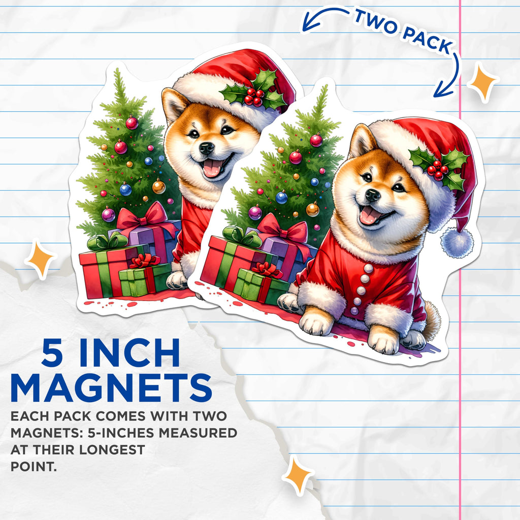 (2 Pack) Shiba Inu Christmas Magnets - Happy Santa Dog Holiday Decor - Festive Winter Pet Fridge Art Display - 5 Inches On Longest Side - Thick Durable Magnet - Made in USA - MAG24670
