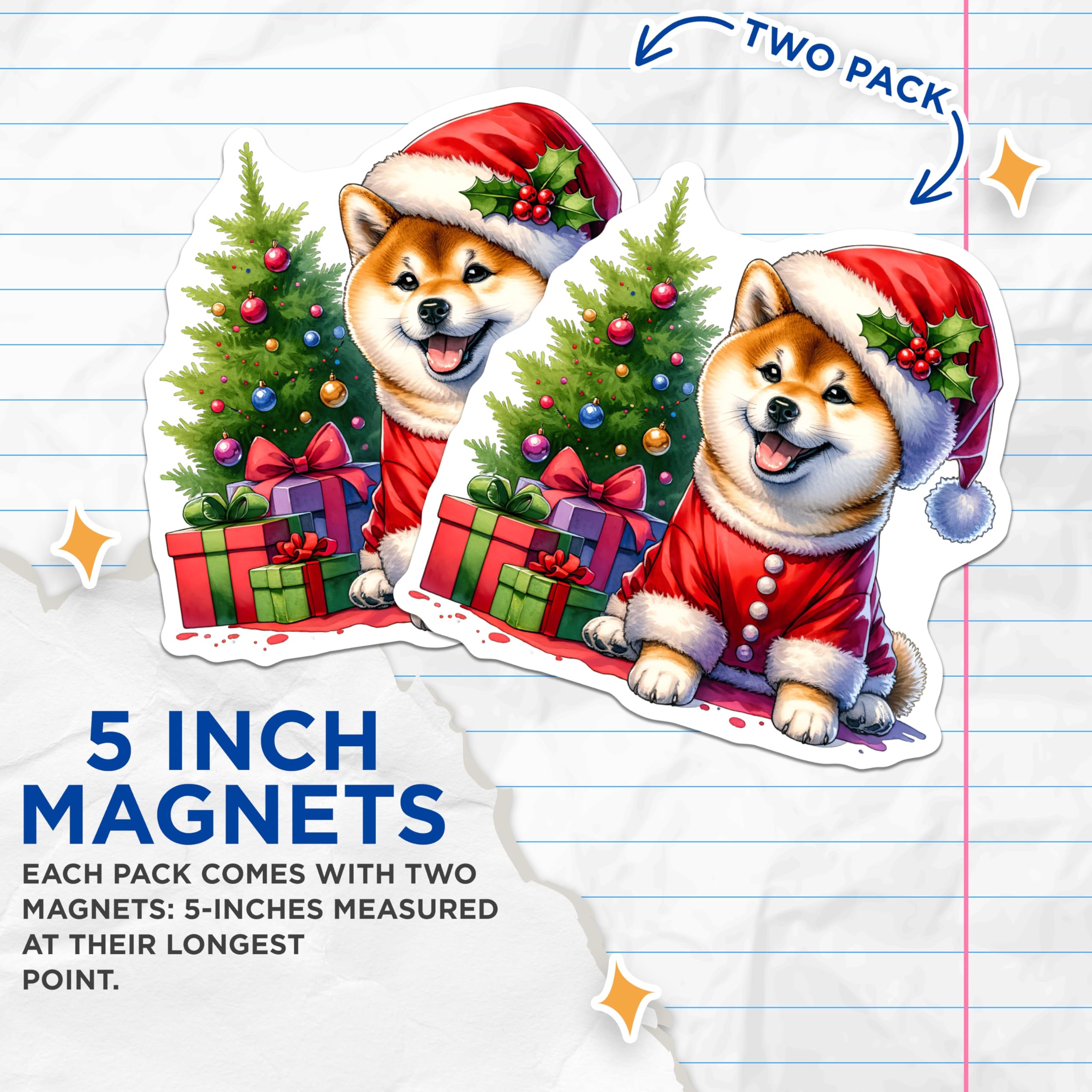 (2 Pack) Shiba Inu Christmas Magnets - Happy Santa Dog Holiday Decor - Festive Winter Pet Fridge Art Display - 5 Inches On Longest Side - Thick Durable Magnet - Made in USA - MAG24670