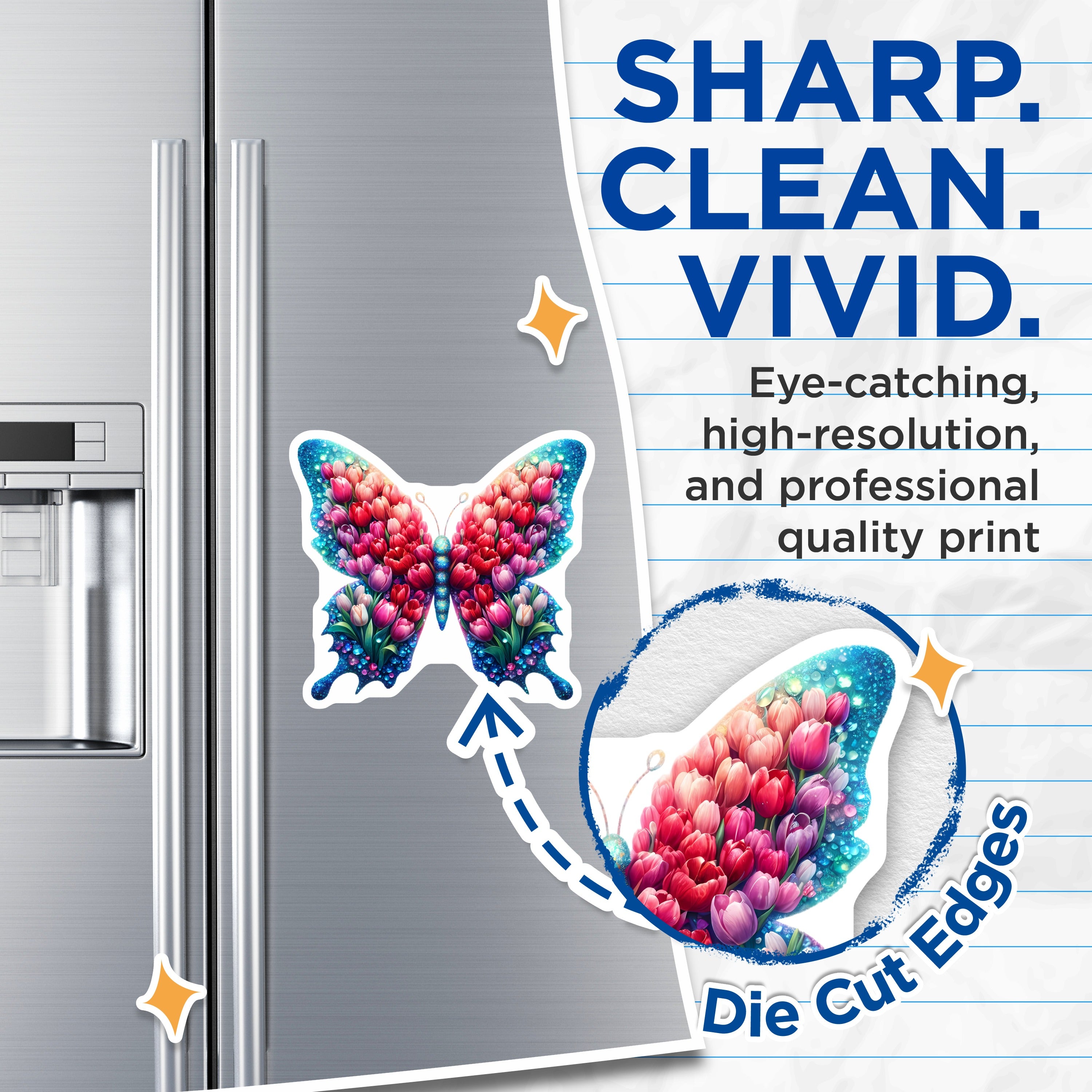 (2 Pack) Tulip Butterfly Magnets - Floral Spring Decor - Aesthetic Fridge Locker Office Art - 5 Inches On Longest Side - Thick Durable Magnet - Made in USA - MAG38596