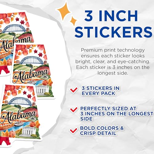 (3 Pack) Alabama State Decals - Watercolor Illustration - Travel Souvenir- 3 Inches On Longest Side - Easy Peel & Apply - Made in USA - 3MCS5048
