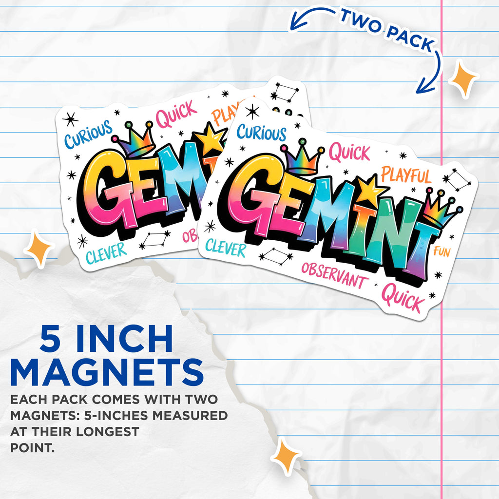 (2 Pack) Gemini Magnets - Zodiac Sign Decor - Astrology Birthday Item - Fun Quirky Gemini Traits - 5 Inches On Longest Side - Thick Durable Magnet - Made in USA - MAG39230