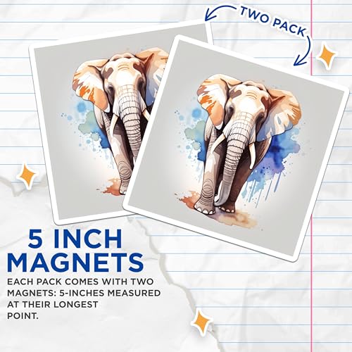 (2 Pack) Elephant Art Magnets Magnets - African Wildlife Decor - Unique Elephant Design - 5" On Longest Side - Made in USA - Sticks to Refrigerators & Metal Surfaces - MAG8684