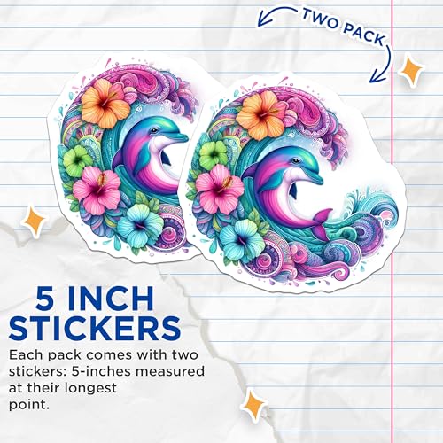 (2 Pack) Dolphin Art Stickers - Vibrant Ocean Animal - Colorful Decorative - 5" On Longest Side - Sticks to Smooth Flat Surfaces - Made in USA - BMCS9482