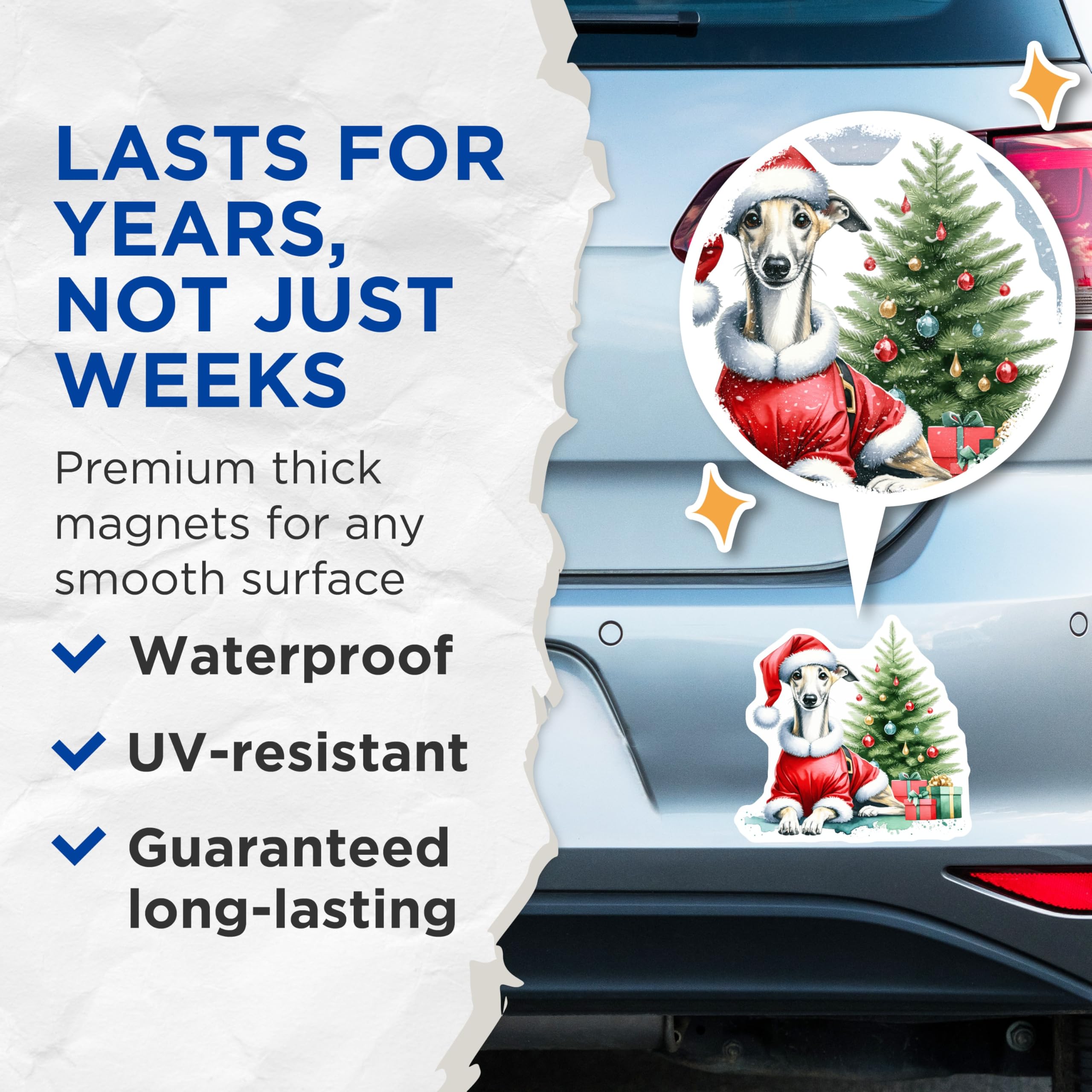 (2 Pack) Whippet Santa Christmas Magnets - Dog Lover Holiday Decor - Cute Animal Fridge Magnet Art - 5 Inches On Longest Side - Thick Durable Magnet - Made in USA - MAG27347