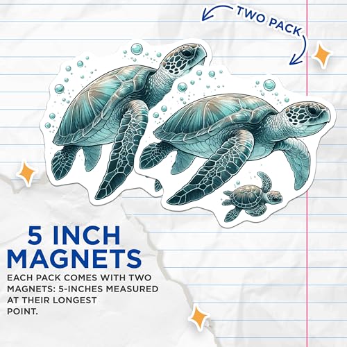 (2 Pack) Ocean Life Decor Magnet - Turtle Enthusiast Accessories - 5" On Longest Side - Sticks to Smooth Flat Surfaces - Made in USA - MAG10089