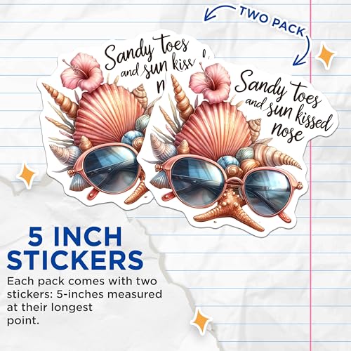 (2 Pack) Sandy Toes and Sun Kissed Nose Stickers - Beach Vibes - Summer Sunglasses Sticker - 5" On Longest Side - Sticks to Smooth Flat Surfaces - Made in USA - BMCS9284