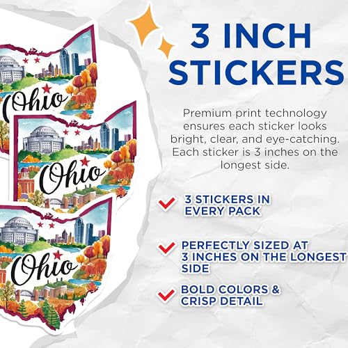 (3 Pack) Ohio Decals - State Pride - Laptop Decal - Ohio Landmarks- 3 Inches On Longest Side - Easy Peel & Apply - Made in USA - 3MCS5031