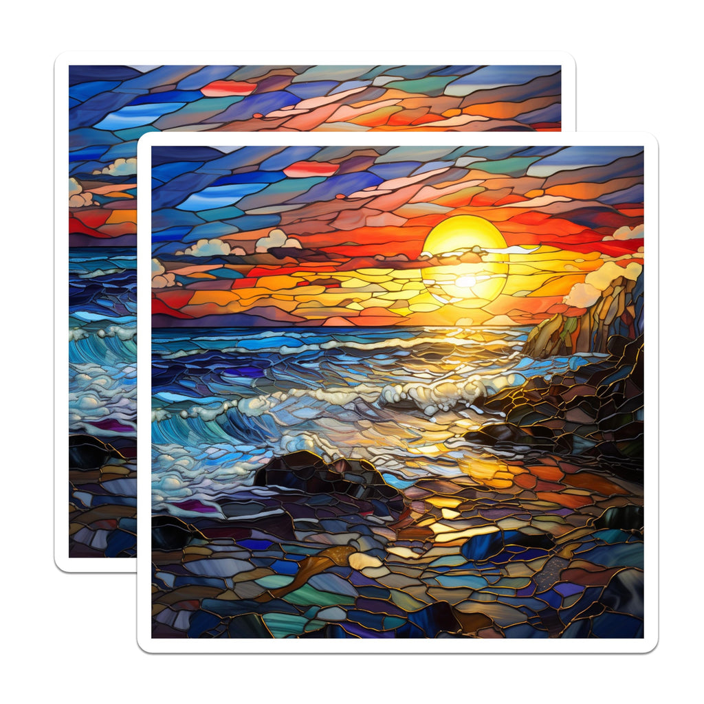 (2 Pack) Stained Glass Sunset Magnets - Ocean Waves Coastal Scene - Artistic Home Decor Fridge Art - 5 Inches On Longest Side - Thick Durable Magnet - Made in USA - MAG25026