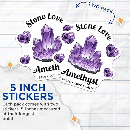 (2 Pack) Stone Love Amethyst Stickers - Crystal Healing - Spiritual Wellness Decal - 5" On Longest Side - Sticks to Smooth Flat Surfaces - Made in USA - BMCS6569