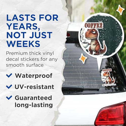 (2 Pack) Coffee Dinosaur Stickers - Funny Coffee Lover Stickers - My Liquid Patience Stickers - 5" On Longest Side - Sticks to Any Smooth Flat Surface - Made in USA - BMCS2773