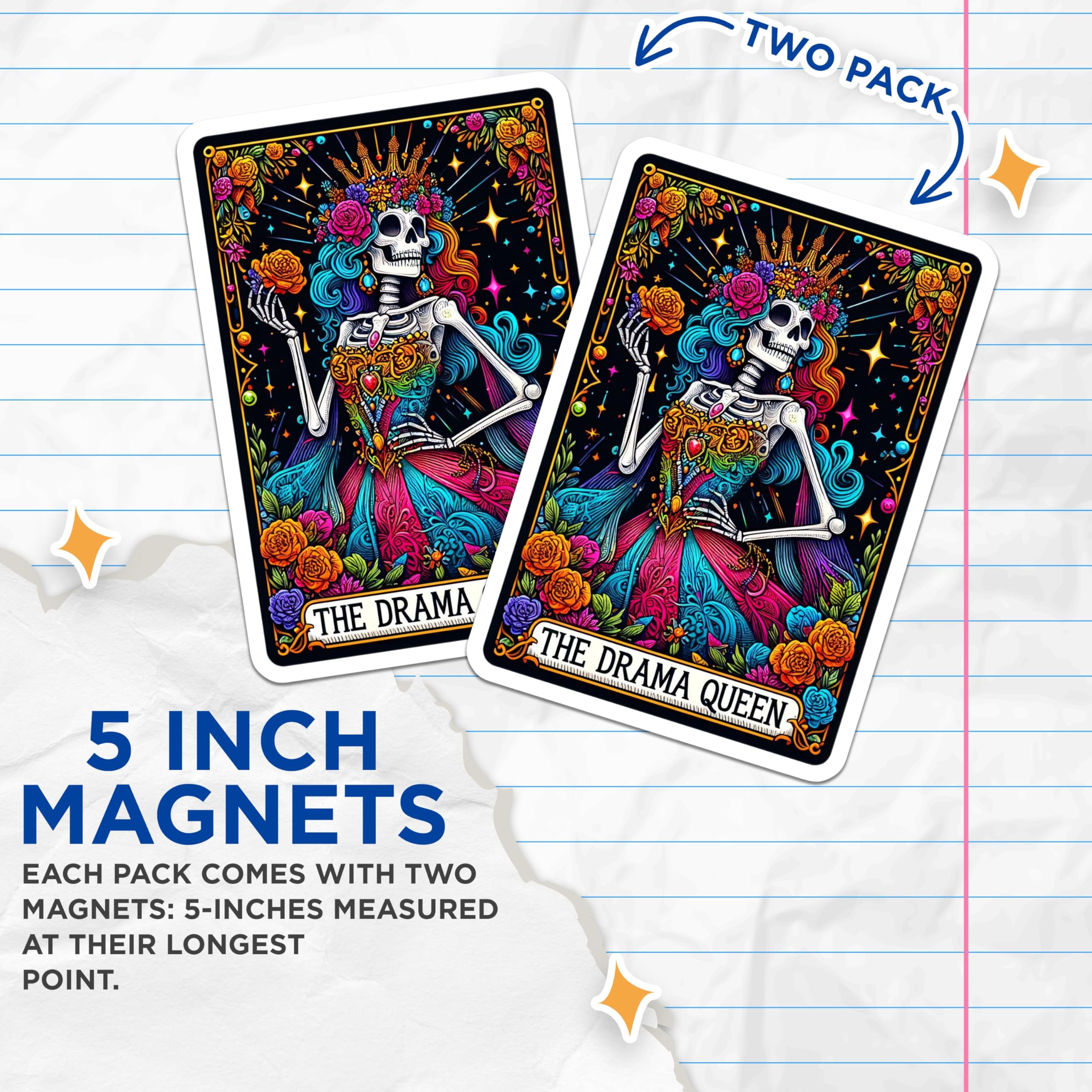 (2 Pack) Drama Queen Calavera Magnets - Dia De Los Muertos Decor - Vibrant Skull Art - 5 Inches On Longest Side - Thick Durable Magnet - Made in USA - MAG25080