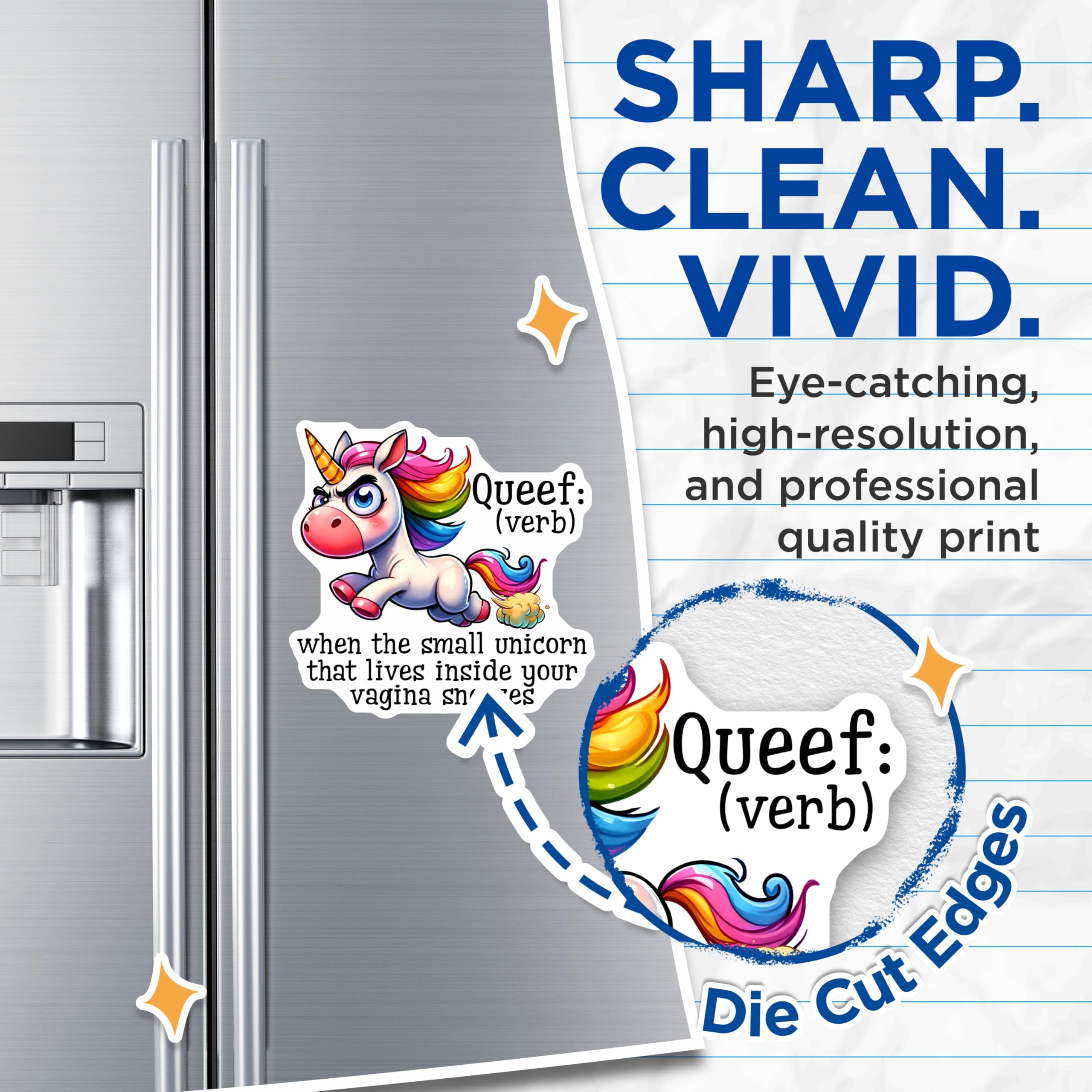 (2 Pack) Queef Unicorn Magnets - Funny Definition - Snarky Sarcastic Gag - 5" On Longest Side - Premium Magnet - for Cars, Refrigerators, Toolboxes, Lockers - Made in USA - MAG16798