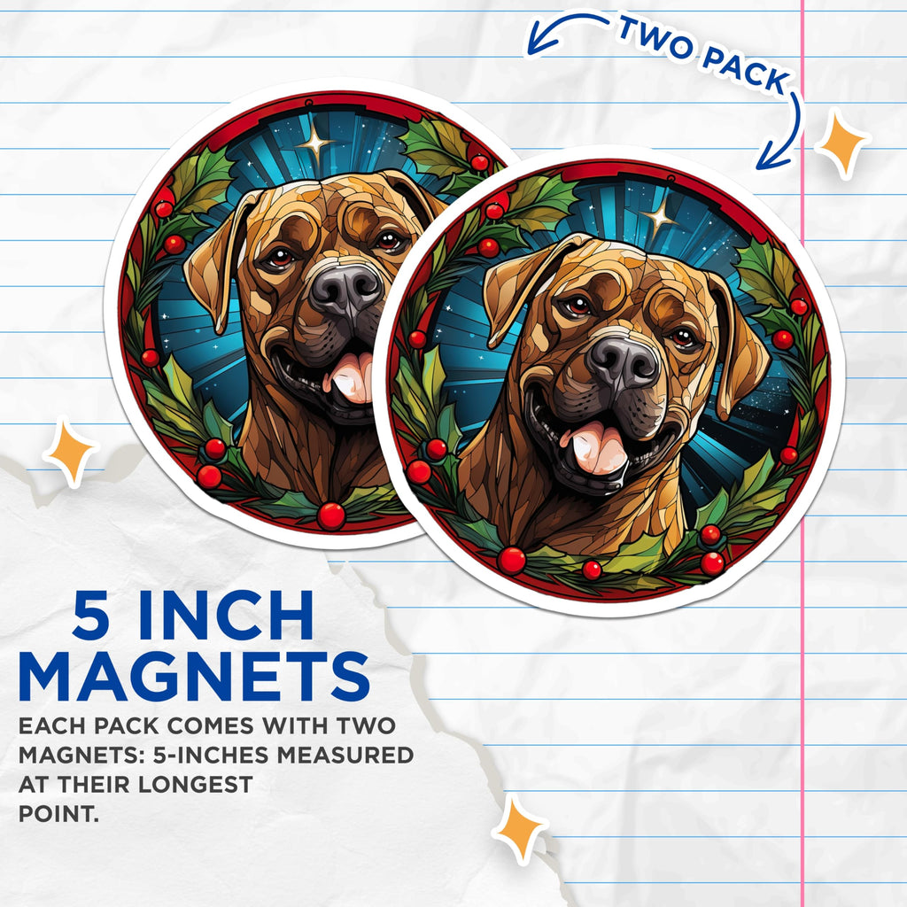 (2 Pack) Christmas Dog Magnets - Festive Canine Decor - Stained Glass Pet Art - Holiday Kitchen Refrigerator Accessories - 5 Inches On Longest Side - Thick Durable Magnet - Made in USA - MAG23482
