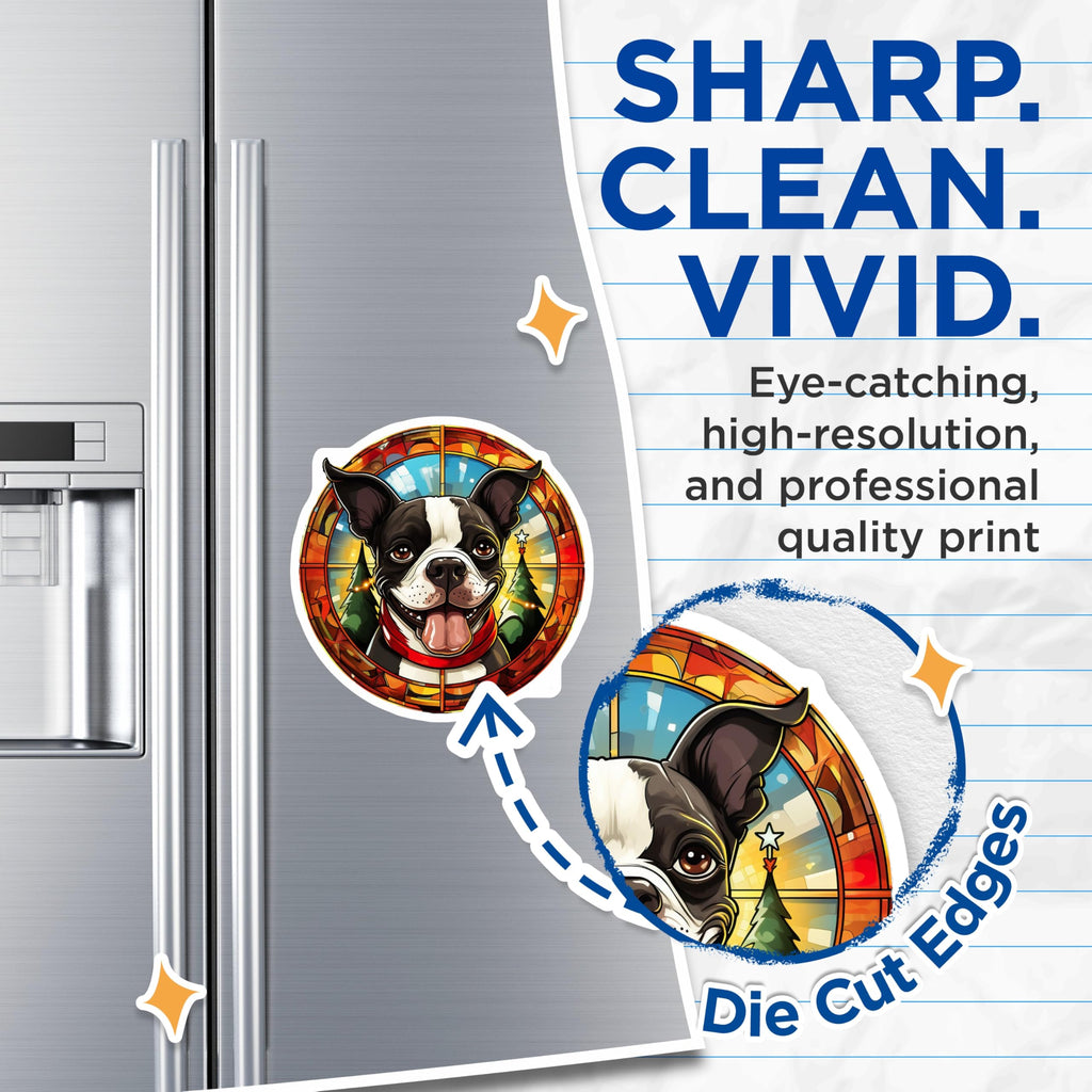 (2 Pack) Boston Terrier Magnets - Christmas Dog Decor - Stained Glass Pet Art - Holiday Fridge Magnet - 5 Inches On Longest Side - Thick Durable Magnet - Made in USA - MAG26577