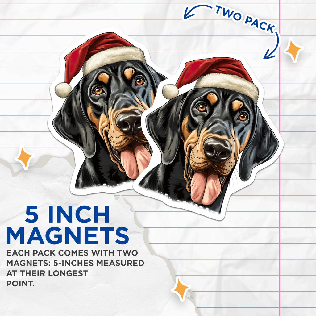 (2 Pack) Santa Dog Magnets - Black Tan Coonhound Christmas Decor - Funny Pet Refrigerator Magnets - 5 Inches On Longest Side - Thick Durable Magnet - Made in USA - MAG29814