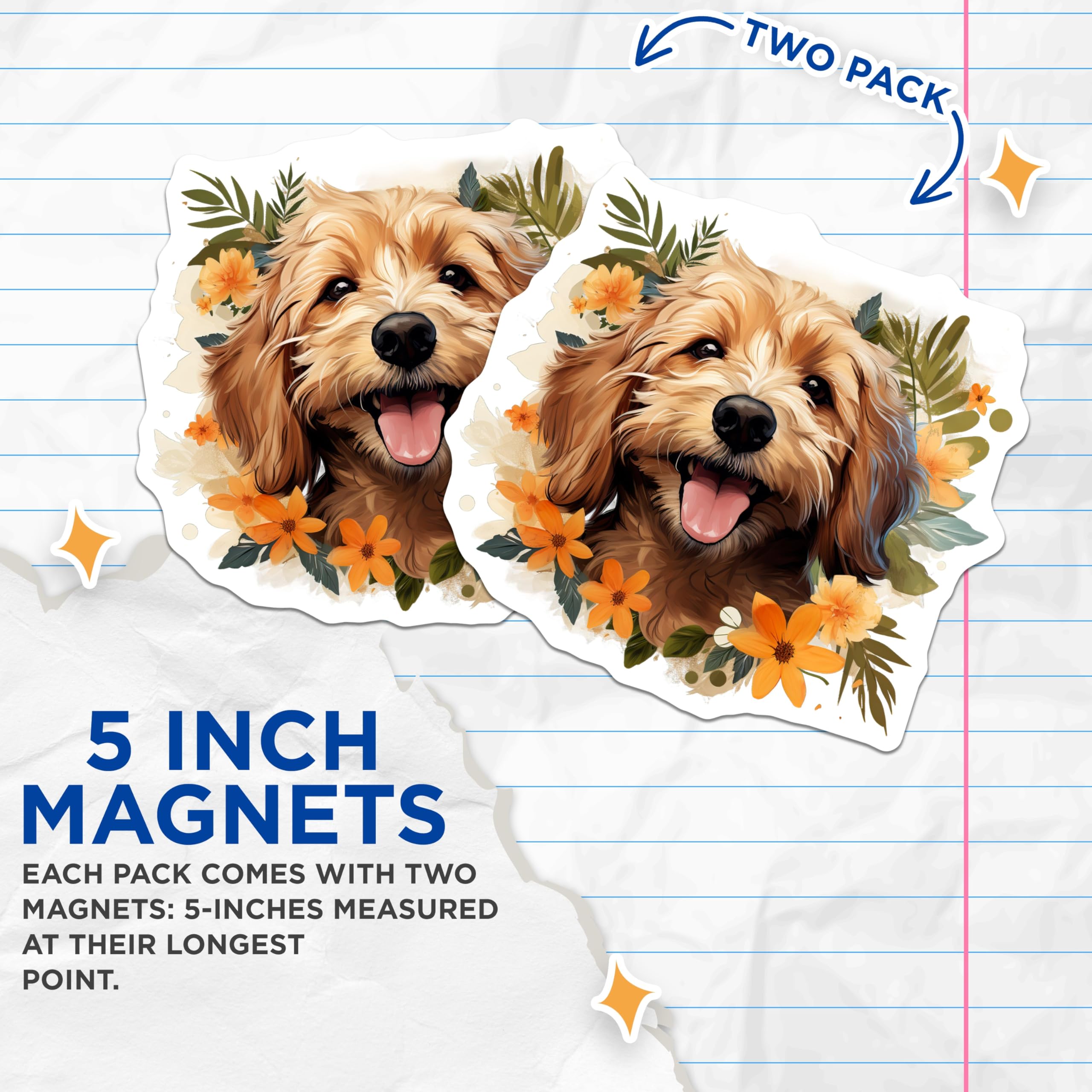 (2 Pack) Adorable Golden Doodle Puppy Magnets - Watercolor Floral Dog Art - Happy Pet Lover Fridge Locker Home Decor - 5 Inches On Longest Side - Thick Durable Magnet - Made in USA - MAG24407