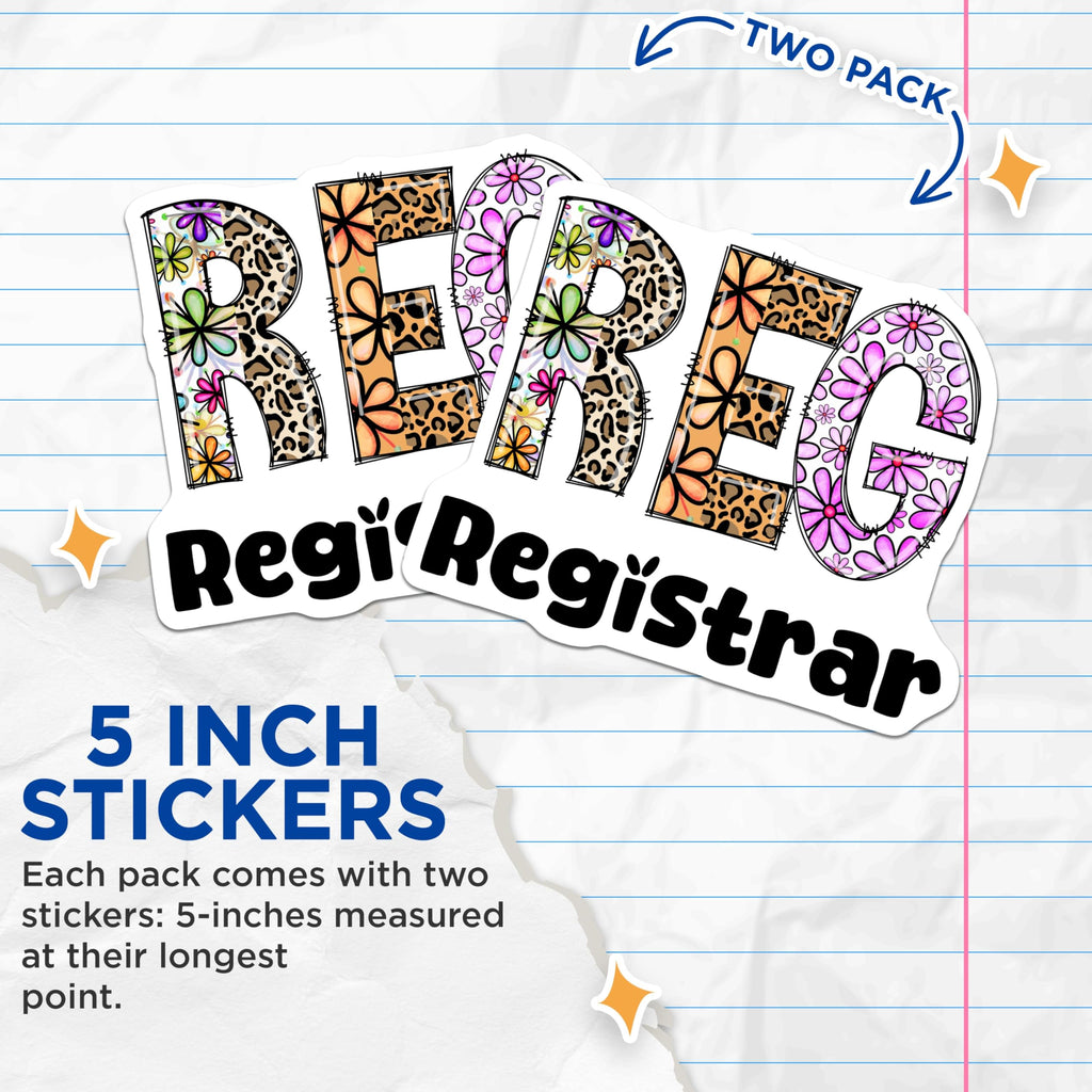 (2 Pack) Registrar Stickers - Floral Letters - Leopard Print Stickers - 5" On Longest Side - Sticks to Smooth Flat Surfaces - Made in USA - BMCS15265