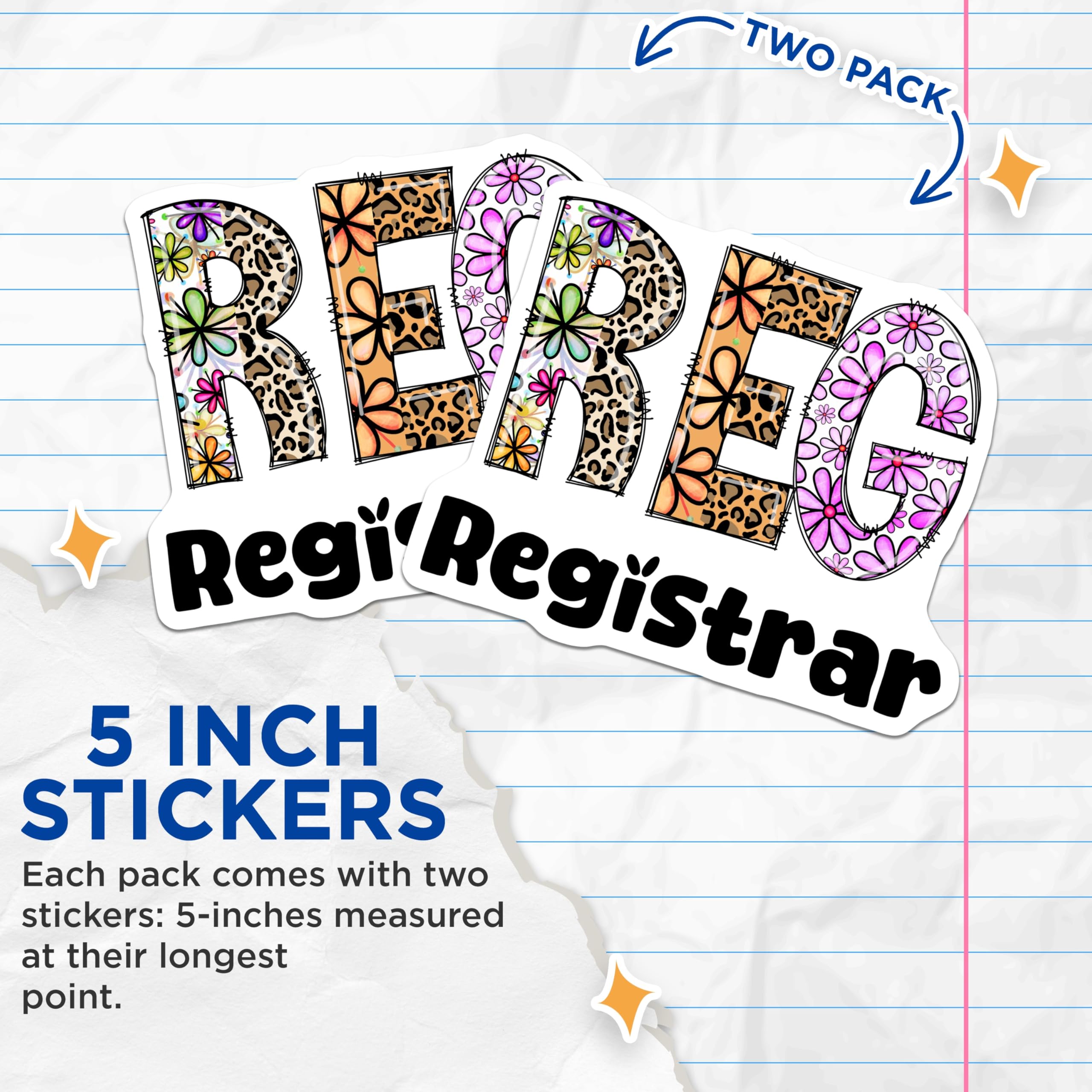 (2 Pack) Registrar Stickers - Floral Letters - Leopard Print Stickers - 5" On Longest Side - Sticks to Smooth Flat Surfaces - Made in USA - BMCS15265