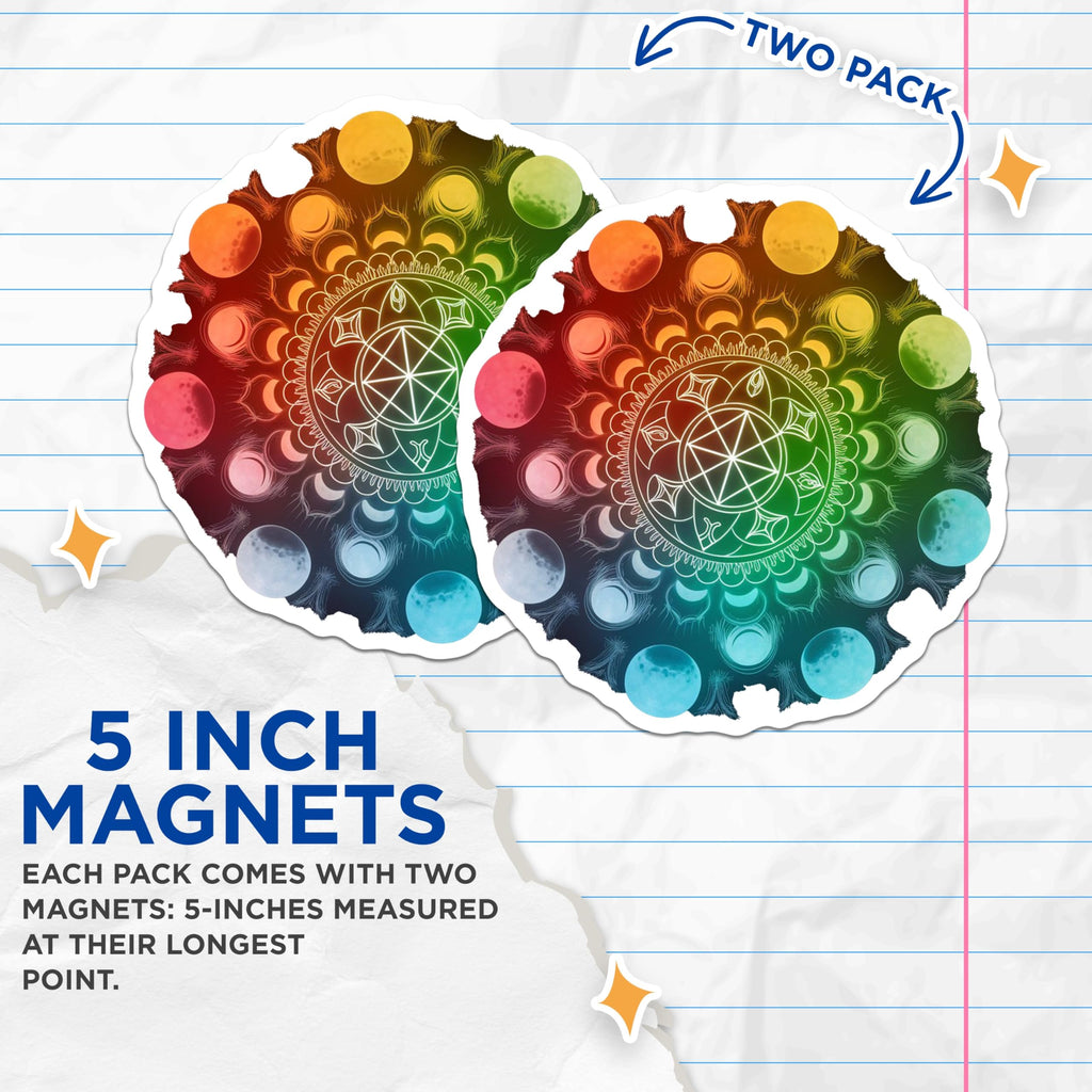 (2 Pack) Moon Phase Magnets - Mandala Design Magnet - Celestial Home Accent - 5" On Longest Side - Premium Magnet - for Cars, Refrigerators, Toolboxes, Lockers - Made in USA - MAG14321
