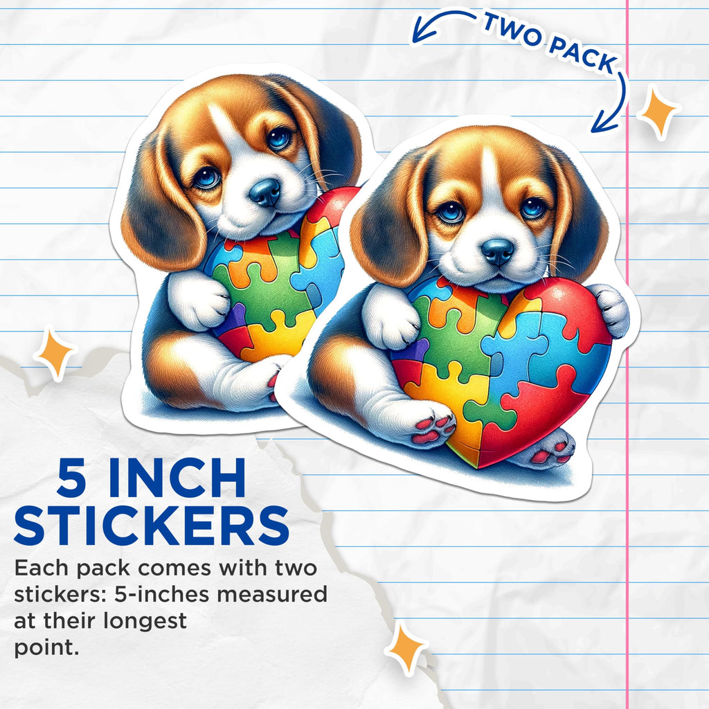 (2 Pack) Cute Puppy Stickers - Puzzle Heart Dog Stickers - Colorful Pet Art Stickers - 5" On Longest Side - Sticks to Smooth Flat Surfaces - Made in USA - BMCS9470