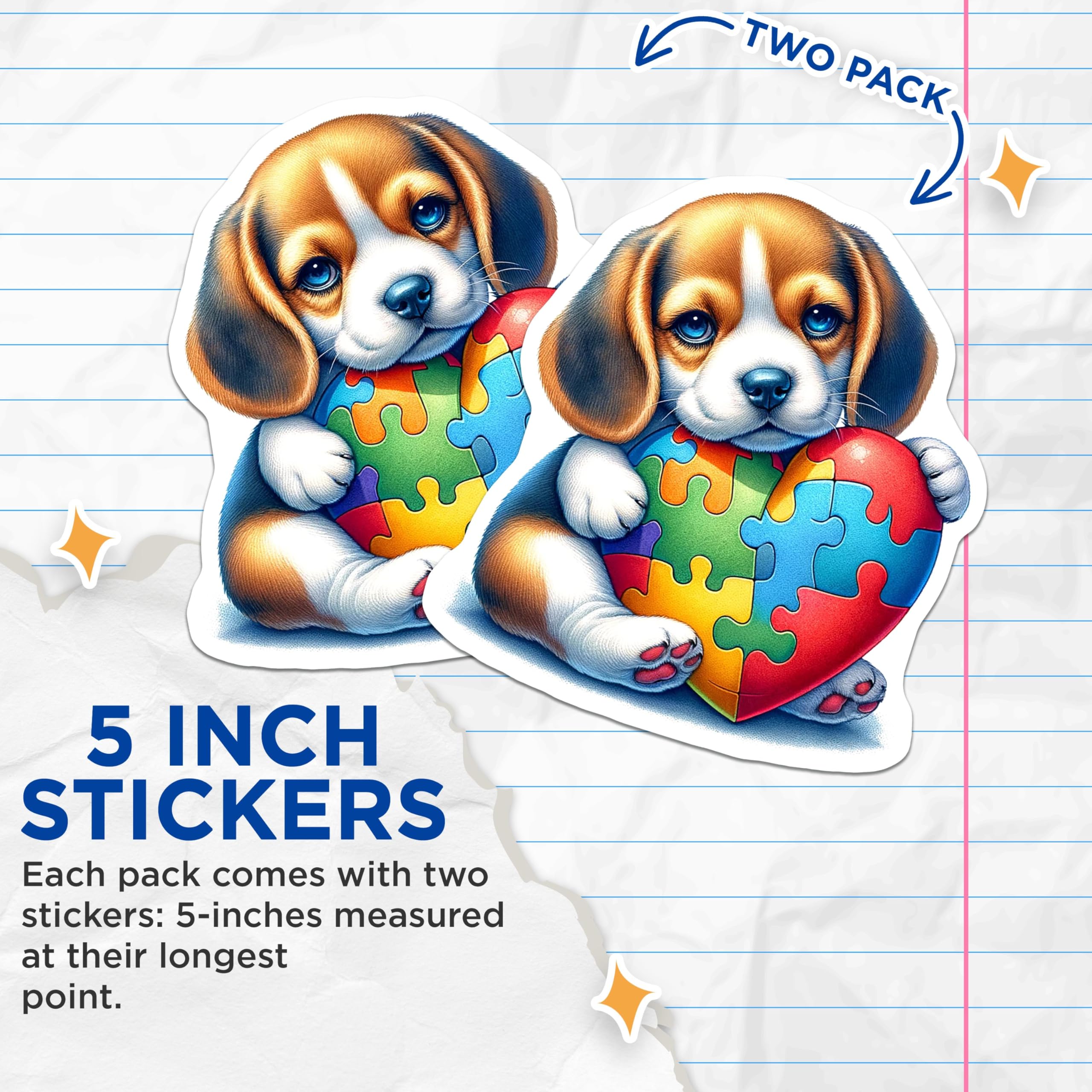 (2 Pack) Cute Puppy Stickers - Puzzle Heart Dog Stickers - Colorful Pet Art Stickers - 5" On Longest Side - Sticks to Smooth Flat Surfaces - Made in USA - BMCS9470