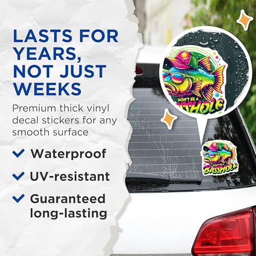 (2 Pack) Funny Fish Stickers - Humorous Sticker Decals - Colorful Outdoor Stickers - 5" On Longest Side - Sticks to Smooth Flat Surfaces - Made in USA - BMCS4273