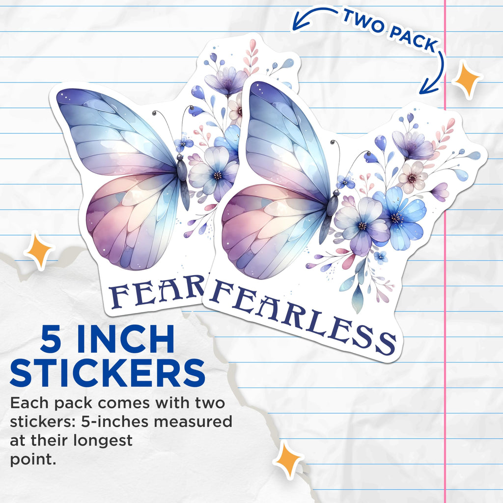 (2 Pack) Fearless Butterfly Stickers - Inspirational Floral Stickers - Motivational Quote Stickers - 5" On Longest Side - Sticks to Smooth Flat Surfaces - Made in USA - BMCS9738