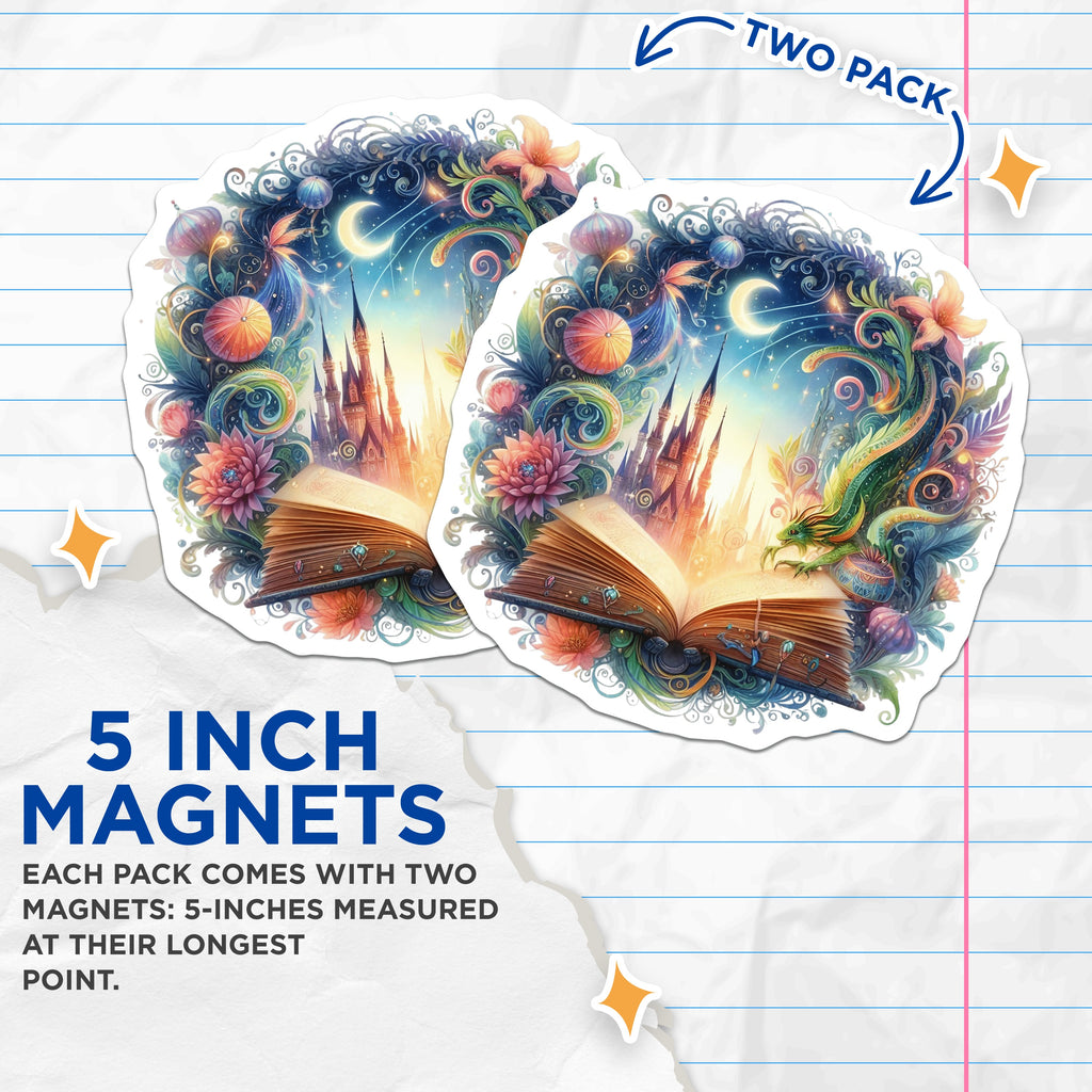 (2 Pack) Fantasy Storybook Magnets - Enchanted Castle Dragon Art - Whimsical Reading Decor - 5 Inches On Longest Side - Thick Durable Magnet - Made in USA - MAG39413
