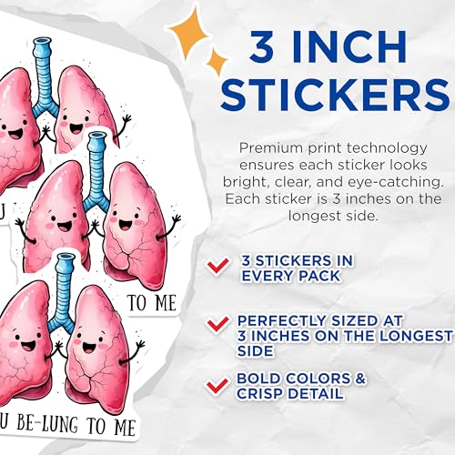 (3 Pack) Lung Anatomy Decals - Medical Humor Decal - Respiratory Therapist Decor - 3 Inches On Longest Side - Easy Peel & Apply - Made in USA - 3MCS6362