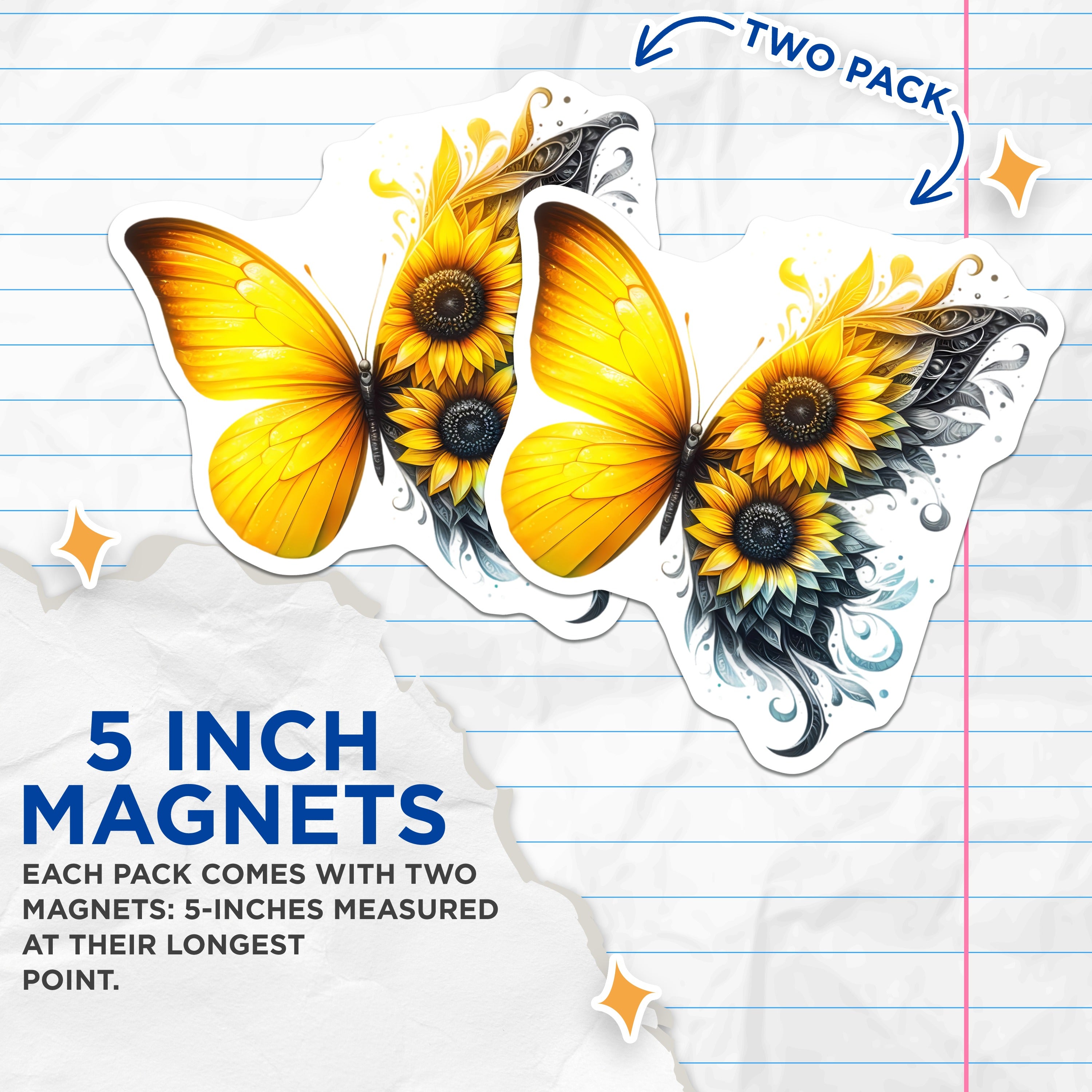(2 Pack) Sunflower Butterfly Magnets - Vibrant Nature Inspired Art for Fridge - Whimsical Floral Decor Accent - 5 Inches On Longest Side - Thick Durable Magnet - Made in USA - MAG37408
