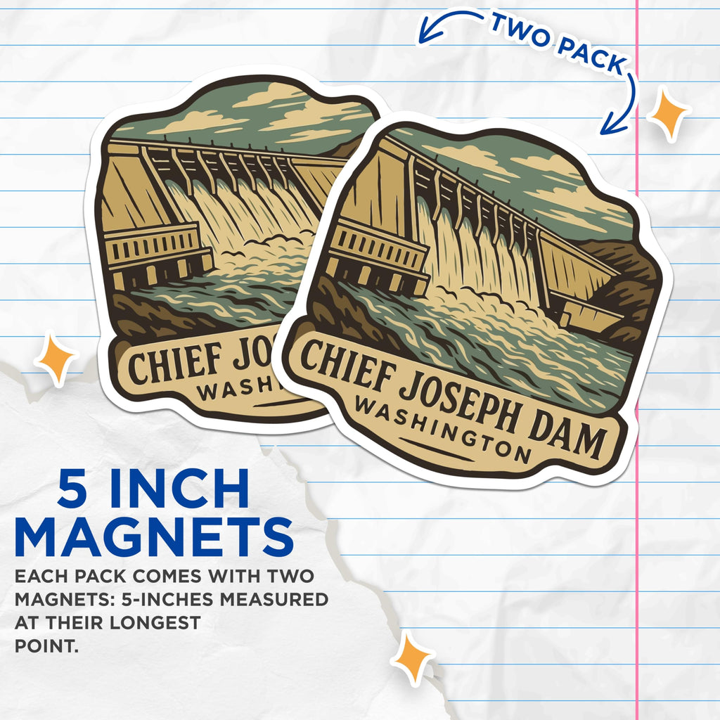 (2 Pack) Chief Joseph Dam Magnets - Washington State Landmark Souvenir - Columbia River Valley Travel Collectible - 5 Inches On Longest Side - Thick Durable Magnet - Made in USA - MAG19899