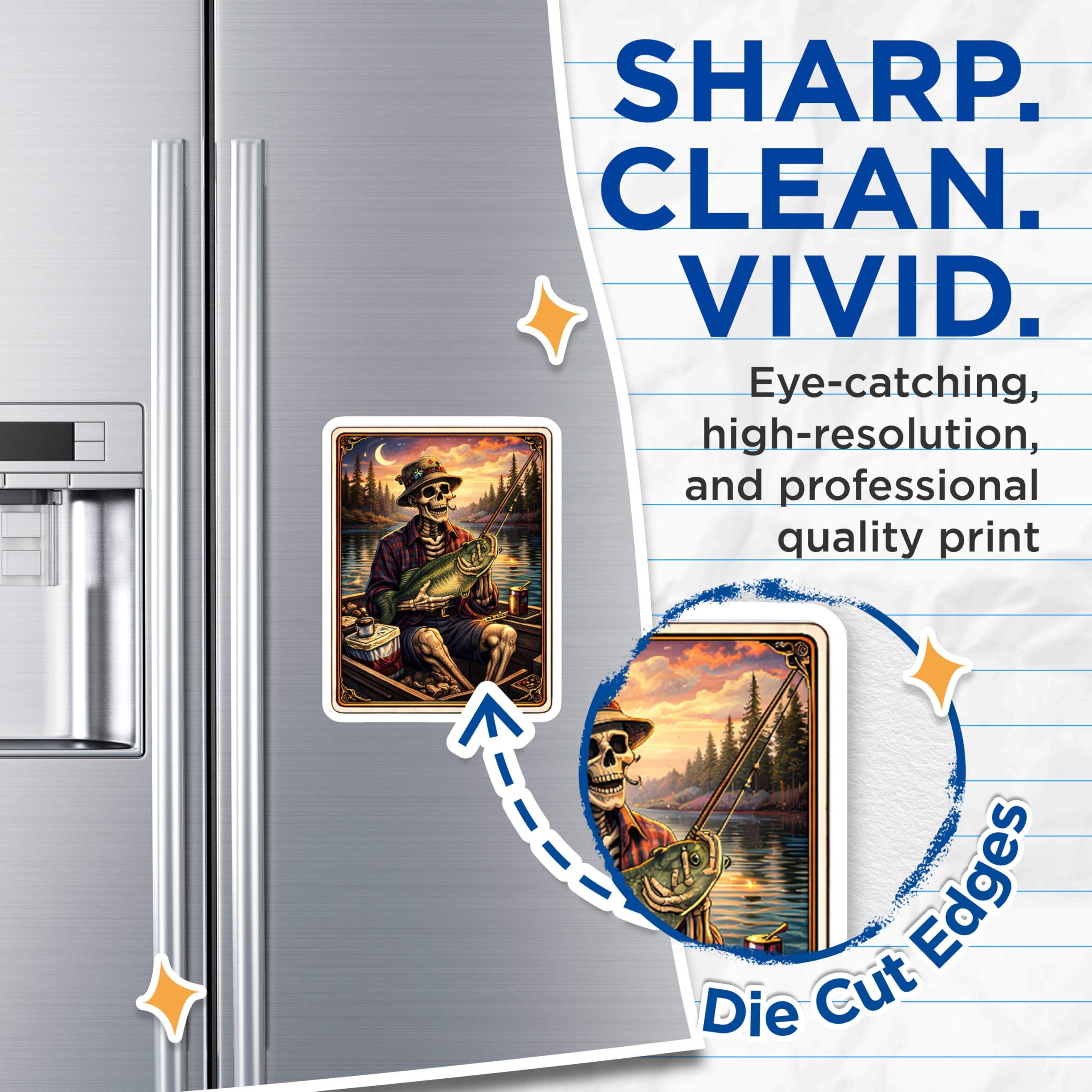 (2 Pack) Skeleton Fisherman Magnets - Fishing Decor - Spooky Art Magnets - 5" On Longest Side - Premium Magnet - for Cars, Refrigerators, Toolboxes, Lockers - Made in USA - MAG16429