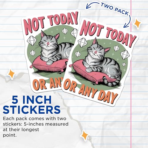 (2 Pack) Not Today or Any Day Stickers - Cute Cat Sticker - Funny Cat Meme Stickers - 5" On Longest Side - Sticks to Smooth Flat Surfaces - Made in USA - BMCS5942