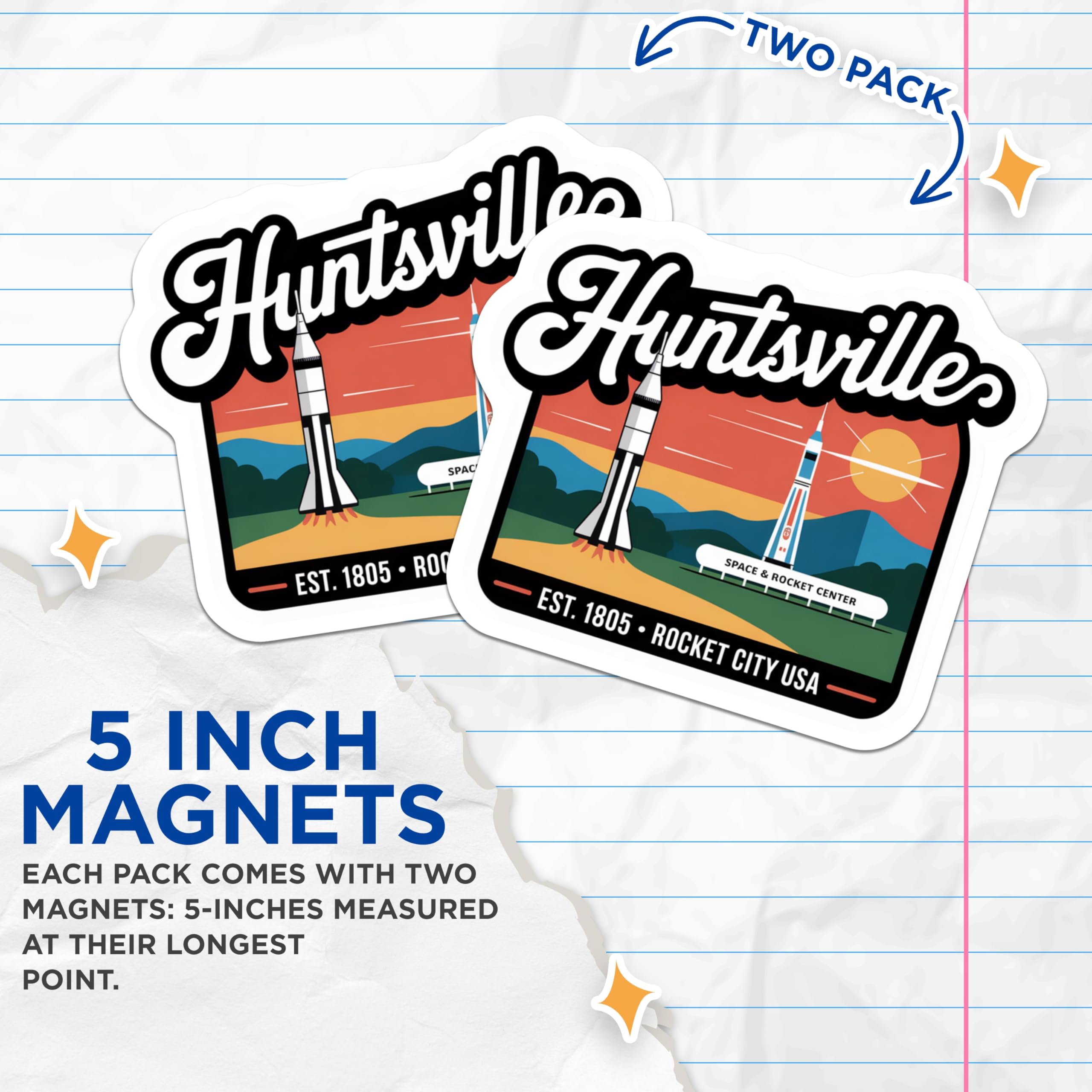 (2 Pack) Huntsville Alabama Magnets - Space Rocket Center - Rocket City USA Fridge - 5" On Longest Side - Premium Magnet - for Cars, Refrigerators, Toolboxes, Lockers - Made in USA - MAG17440