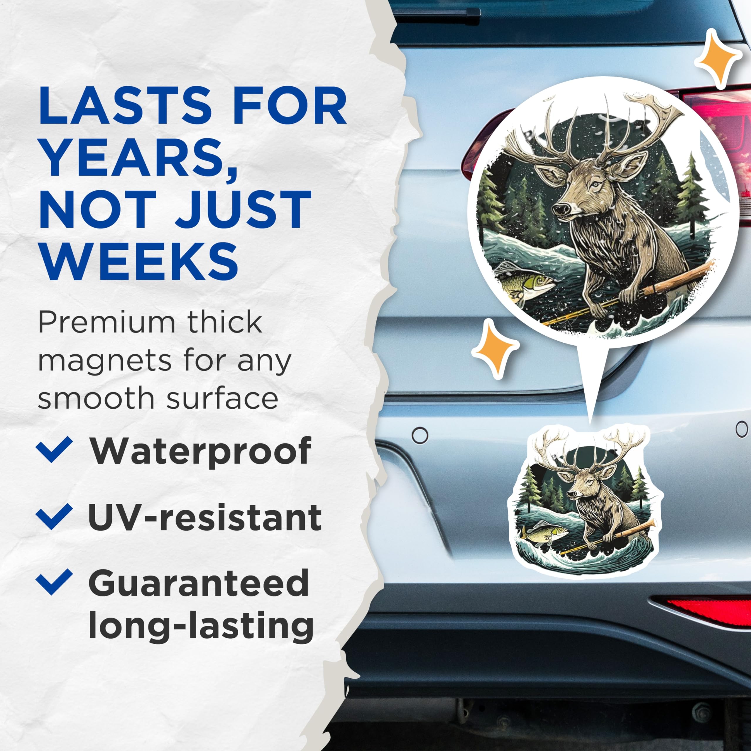 (2 Pack) Deer Fishing Magnets - Rustic Wildlife Art - Nature Lover Outdoor Decor - 5 Inches On Longest Side - Thick Durable Magnet - Made in USA - MAG21744