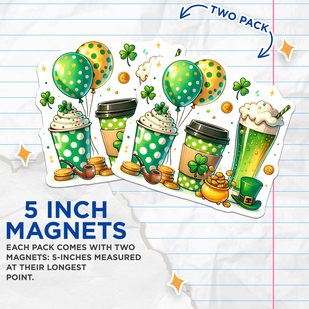 (2 Pack) St Patricks Day Magnets - Irish Celebration Decor - Lucky Shamrock Fridge Accent - Festive Coffee Beer Theme - 5 Inches On Longest Side - Thick Durable Magnet - Made in USA - MAG39797
