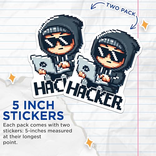 (2 Pack) Hacker Pixel Art Stickers - Cute Hacking Cartoon - Retro Gamer Laptop Decal - 5" On Longest Side - Sticks to Smooth Flat Surfaces - Made in USA - BMCS7426