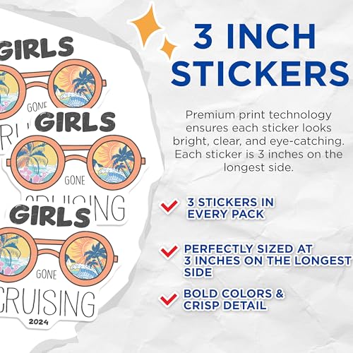 (3 Pack) Girls Gone Cruising Decals - 2024 Cruise Trip Sticker - Vacation Laptop Decal- 3 Inches On Longest Side - Easy Peel & Apply - Made in USA - 3MCS5221