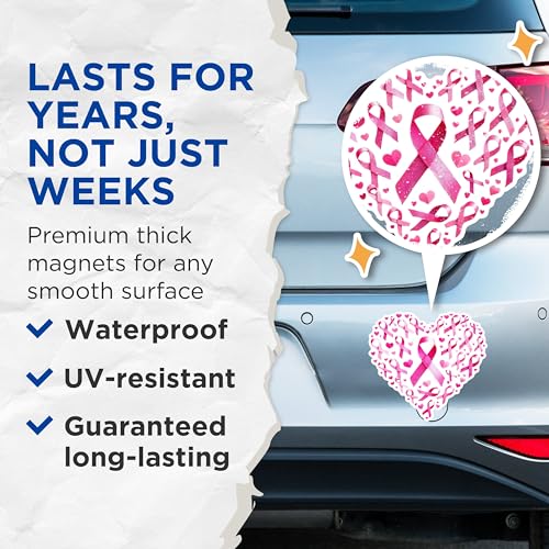 (2 Pack) Awareness Ribbon Heart Magnets - Breast Cancer Support Magnets - Pink Ribbon Magnets- 5" On Longest Side - for Fridges, Toolboxes, Cars - Made in USA - MAG2869