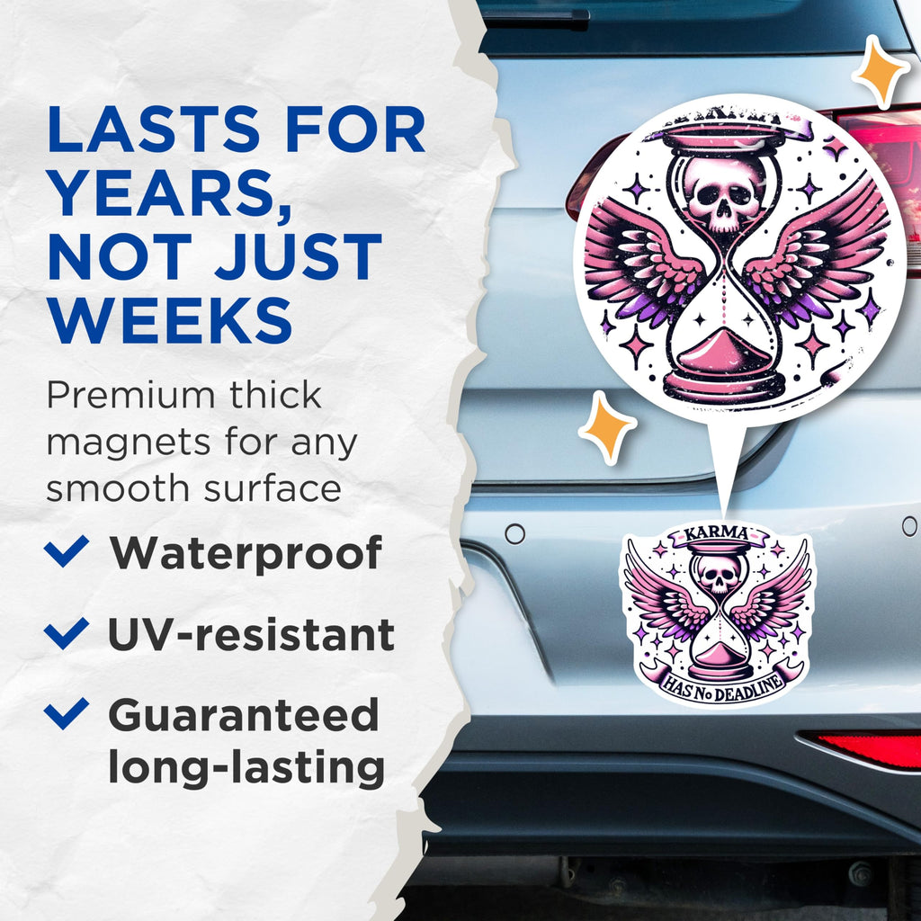 (2 Pack) Karma No Deadline Magnets - Skull Hourglass Art - Spiritual Reminders - 5" On Longest Side - Premium Magnet - for Cars, Refrigerators, Toolboxes, Lockers - Made in USA - MAG15275