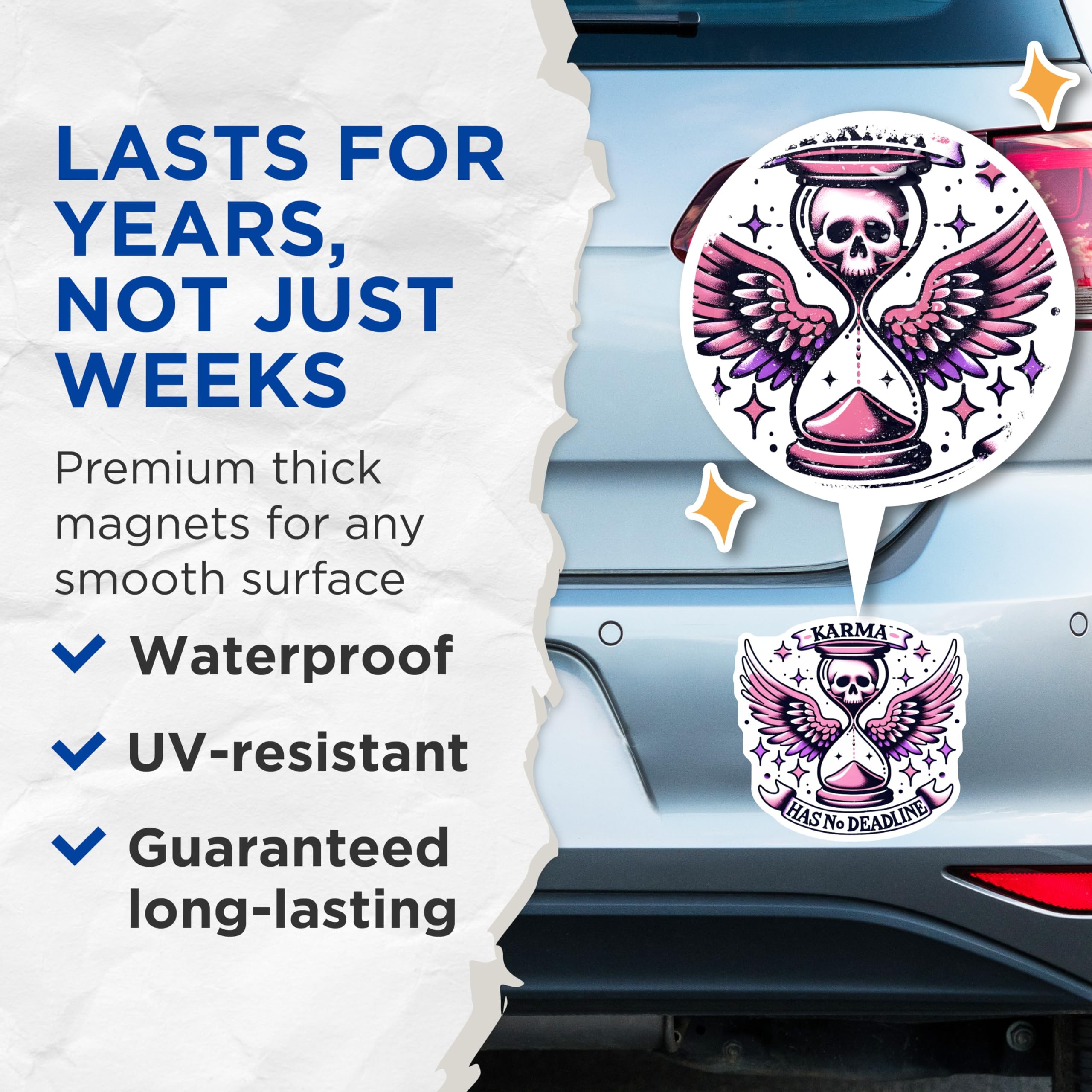 (2 Pack) Karma No Deadline Magnets - Skull Hourglass Art - Spiritual Reminders - 5" On Longest Side - Premium Magnet - for Cars, Refrigerators, Toolboxes, Lockers - Made in USA - MAG15275