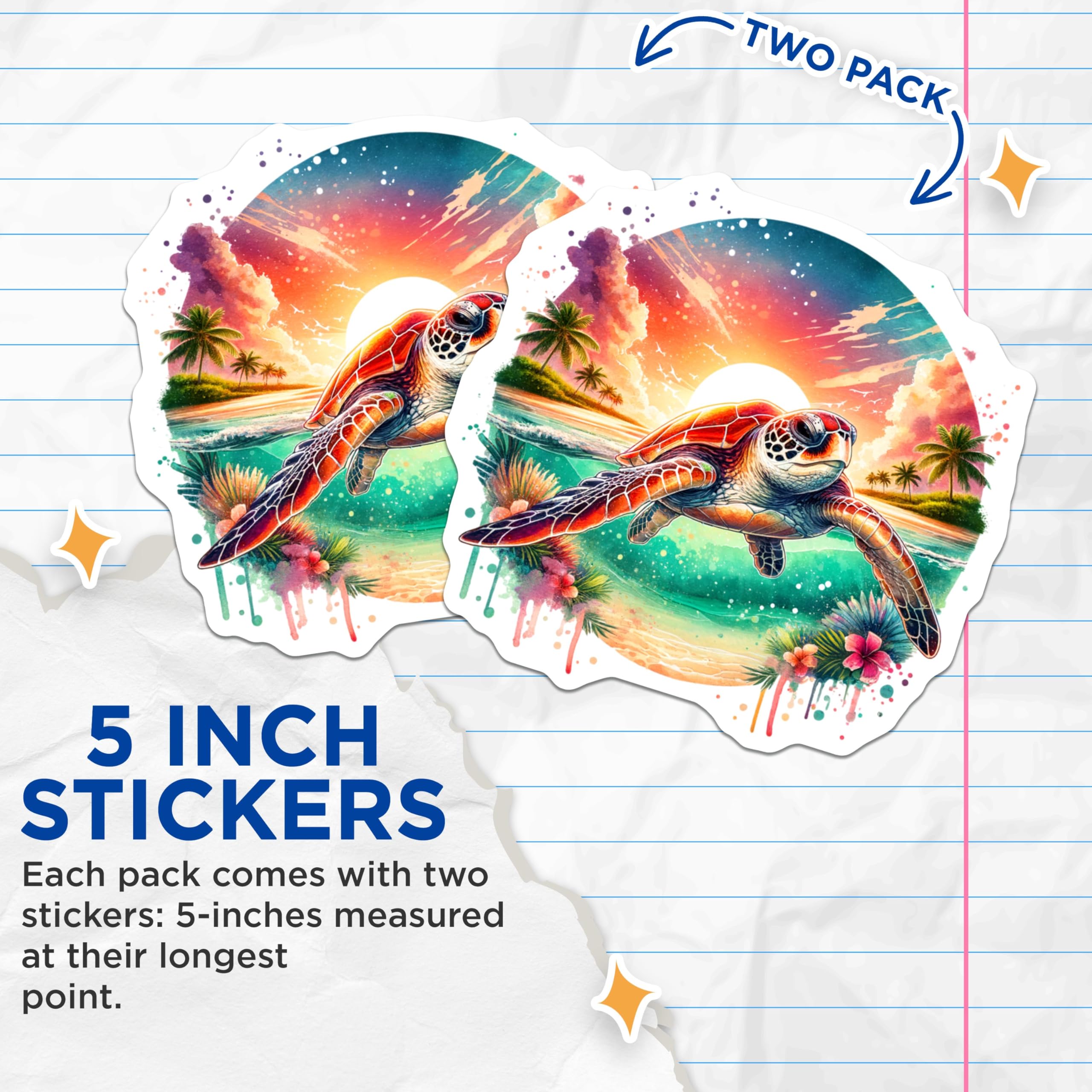 (2 Pack) Sea Turtle Stickers - Ocean Life - Tropical Beach Decor - 5" On Longest Side - Sticks to Smooth Flat Surfaces - Made in USA - BMCS9209