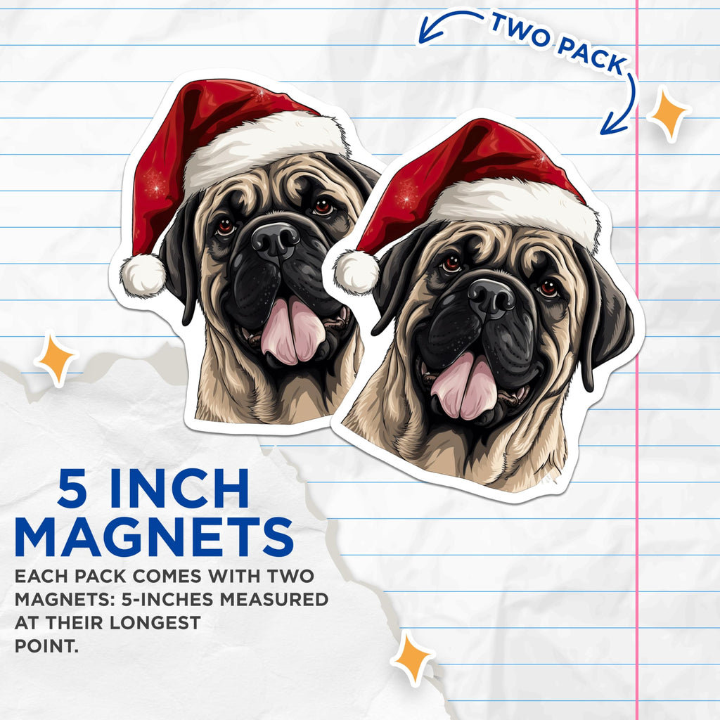 (2 Pack) Mastiff Christmas Magnets - Santa Hat Dog Decor - Holiday Pet Refrigerator - 5 Inches On Longest Side - Thick Durable Magnet - Made in USA - MAG25445