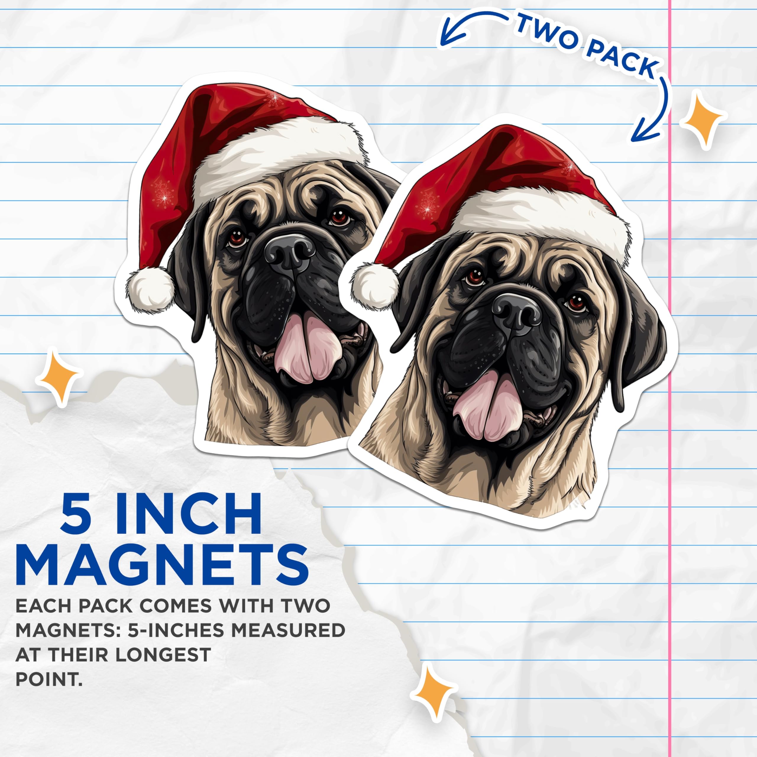 (2 Pack) Mastiff Christmas Magnets - Santa Hat Dog Decor - Holiday Pet Refrigerator - 5 Inches On Longest Side - Thick Durable Magnet - Made in USA - MAG25445
