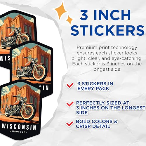 (3 Pack) Wisconsin Motorcycle Decals - Madison Bike Art - Vintage Motorbike Stickers - 3 Inches On Longest Side - Easy Peel & Apply - Made in USA - 3MCS0390
