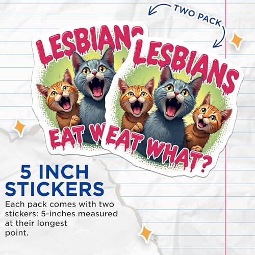 (2 Pack) Funny Lesbian Pride Stickers - Cat Meme Stickers - LGBTQ+ Humorous Stickers - 5" On Longest Side - Sticks to Smooth Flat Surfaces - Made in USA - BMCS4674
