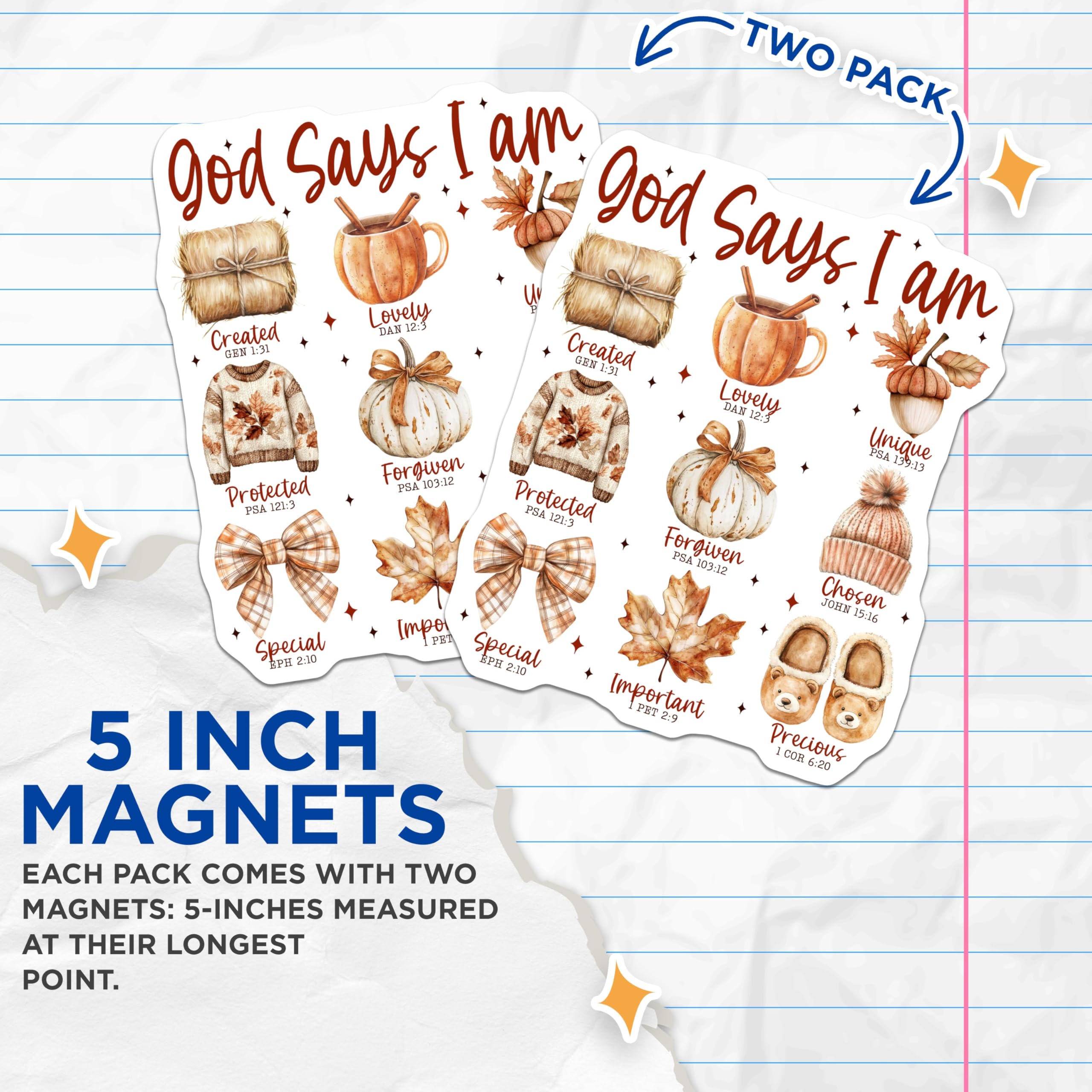 (2 Pack) God Says I Am Magnets - Christian Scripture Decor - Fall Faith Affirmation - 5 Inches On Longest Side - Thick Durable Magnet - Made in USA - MAG30964