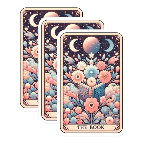(3 Pack) Tarot Card Decals - Floral Book - Mystical Moon Stars - 3 Inches On Longest Side - Easy Peel & Apply - Made in USA - 3MCS4124