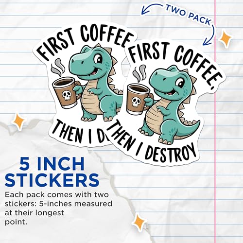 (2 Pack) Dinosaur Coffee Stickers - Cute Dino Decal - Funny Coffee Lover Sticker - 5" On Longest Side - Sticks to Smooth Flat Surfaces - Made in USA - BMCS5578