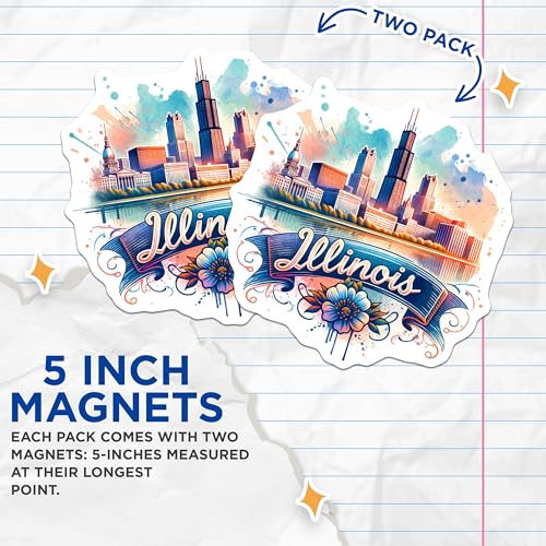 (2 Pack) Illinois Cityscape Magnets - Chicago Skyline - Illinois Travel Souvenir - Midwest Landmark Art - 5" On Longest Side - for Cars, Fridges, Toolboxes - Made in USA - MAG6942